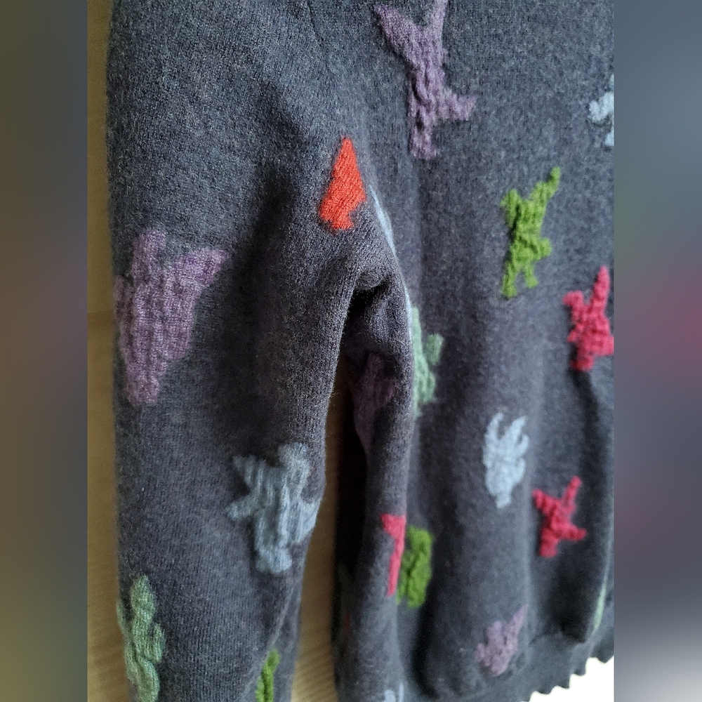 Bosco Fresh 100% Wool Multicolored Graphic Dino Pattern Navy Crewneck Sweater - Picture 12 of 14